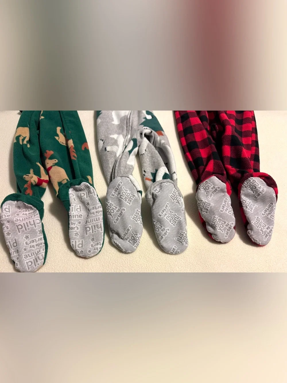 Carter’s 12M Fleece Footed PJs Winter Set of 3 Buffalo Plaid Moose Bear Winter